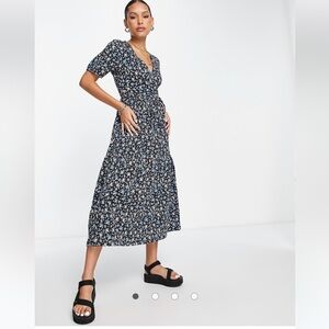 ASOS DESIGN tiered midi wrap dress with puff sleeve in black floral
